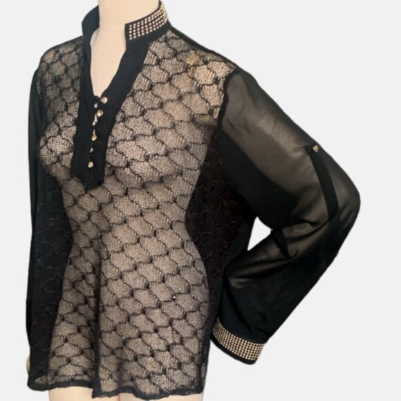 Belush Sheer Mixed Textured Lace Front Top XL Black w/ Gold Accents #116H - Picture 2 of 10